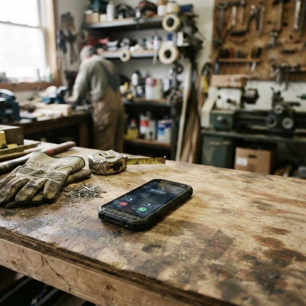 A busy technician unable to answer a ringing phone while working, illustrating the missed call problem