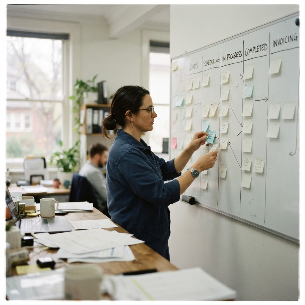 A clear visual sales pipeline showing leads moving through defined stages toward booked jobs